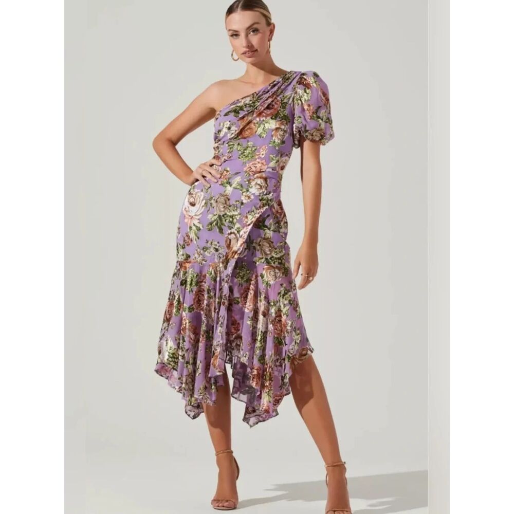 ASTR the Label Santorini Floral One Shoulder Midi Dress Pink Lavender XS